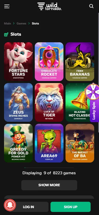 Wild Tornado Casino mobile games view