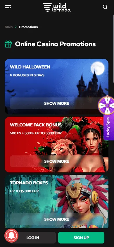 Wild Tornado Casino mobile promotions view